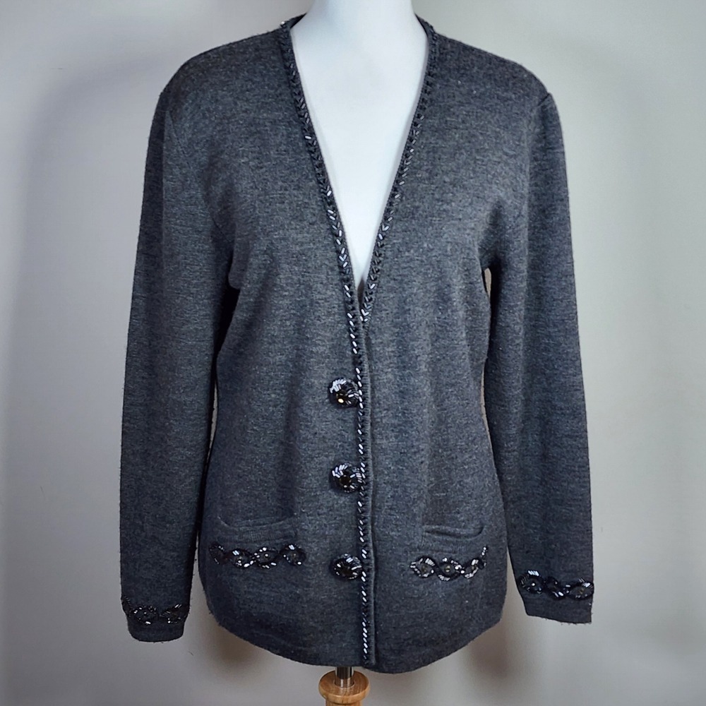 100% Lambswool Knit Cardigan Sweater Womens Small Grey Beaded Vintage Winter